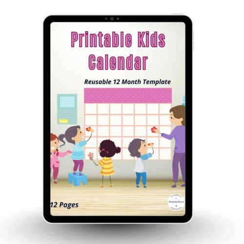 Illustration of a smiling teacher and children adding events to a large wall calendar, cover page for a kids calendar printable.