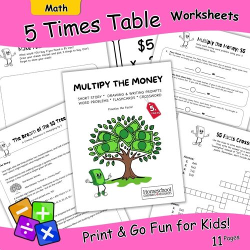 5 times table worksheets with money tree, and preview of cover page and 5 pages