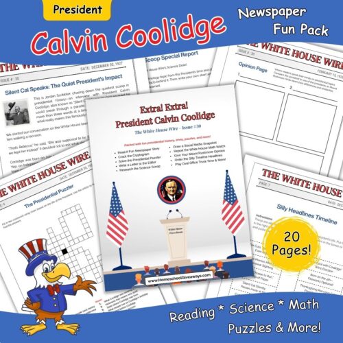 president calvin coolidge worksheet pack with preview pages and an eagle in an uncle sam outfit