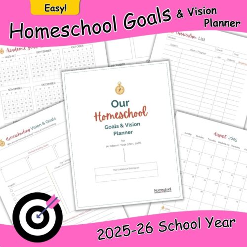 arrow on a target with previse of 5 pages from the homeschool goals planner