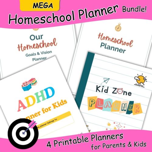 target with arrow and cover pages of 4 homeschool planner packs included in bundle