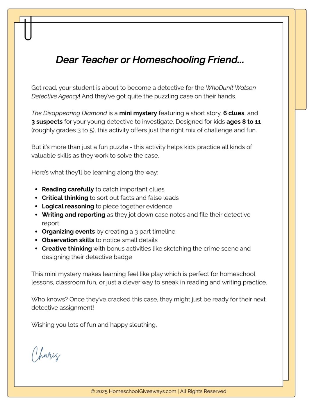 letter to parents giving more detail about printable mystery for kids