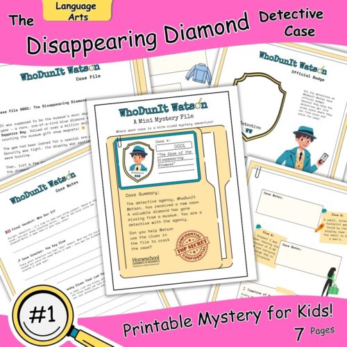 Printable Mystery for Kids with detective file, magnifying glass and 5 preview pages