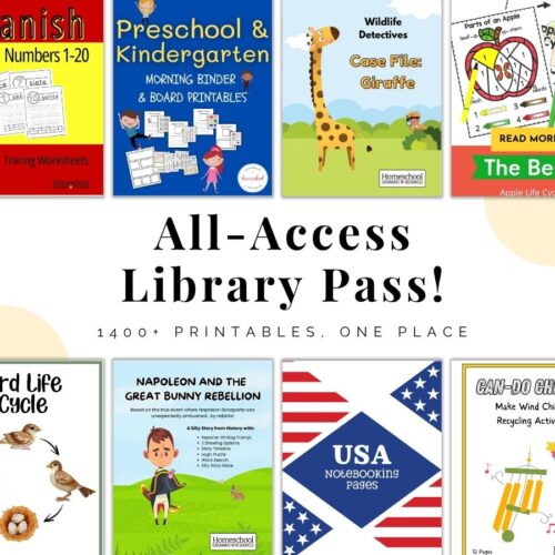 Preview of 8 colorful printable pack covers from the Homeschool Giveaways All Access Library Pass, displayed in two rows around bold text that reads 'All Access Library Pass – 1400+ Printables. One Place.'"