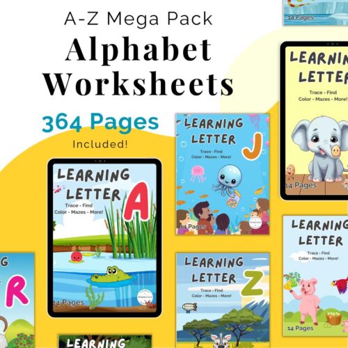 Cover pages from our Alphabet Worksheets A-Z mega pack with letters and animals such as an alligator, zebra, jellyfish. elephant and pig