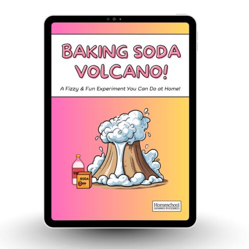 Baking Soda Volcano experiment pack cover page showing a graphic of a fizzing volcano, vinegar and baking soda