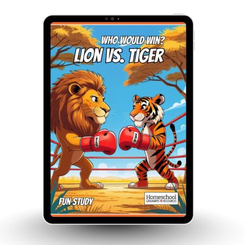 Cover of the Lion vs Tiger Fun Study displayed on a tablet, featuring a cartoon-style lion and tiger facing off in a boxing ring.