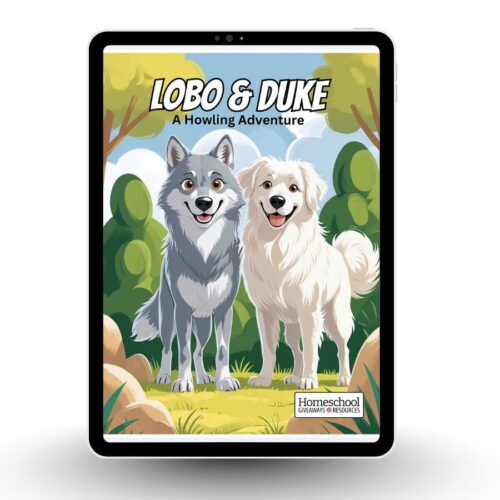 Cover of 'Lobo & Duke: A Howling Adventure,' featuring a smiling gray wolf and a happy dog standing side by side in a grassy field with scattered rocks, green trees, and a bright blue sky in the background.