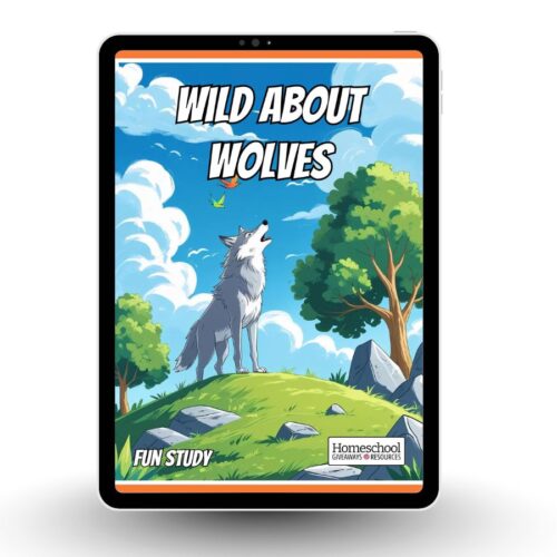 Cover of "Wild About Wolves Fun Study" showing a wolf howling on a grassy hill under a sunny sky, with a tree nearby and two birds flying overhead.