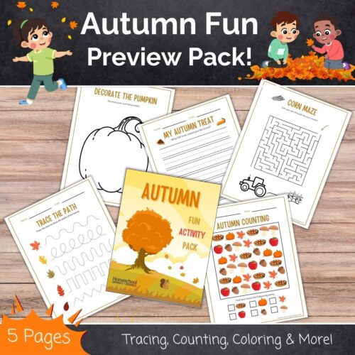 Preview of activity pages with corn maze, autumn counting, decorate a pumpkin and more.
